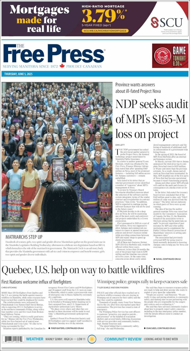 Portada de Winnipeg Free Press (Canada)