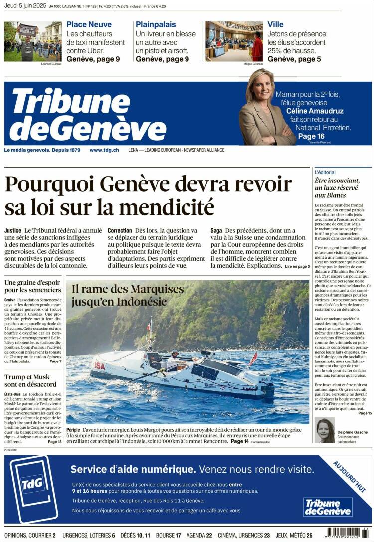 Portada de La Tribune de Genève (Suiza)