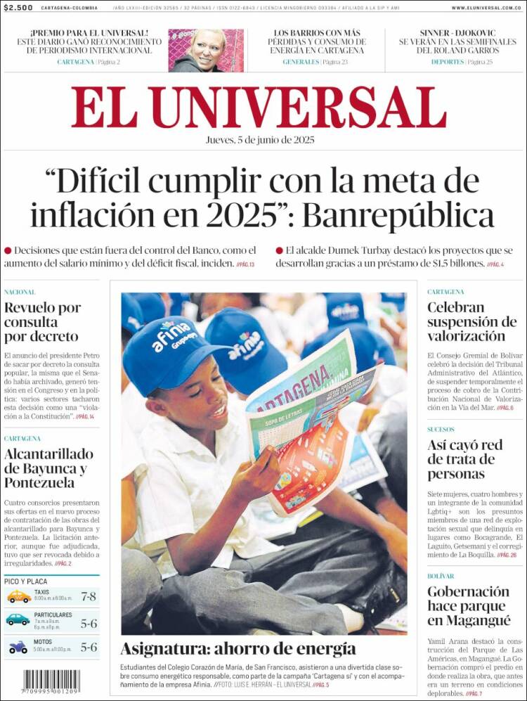 Portada de El Universal (Colombia)