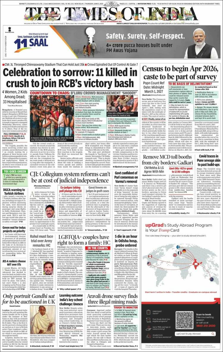 Portada de The Times of India (India)