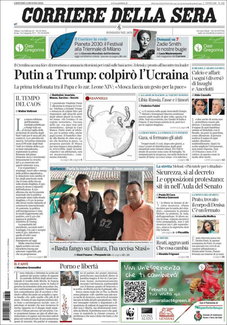 Portada de Corriere della Sera (Italia)