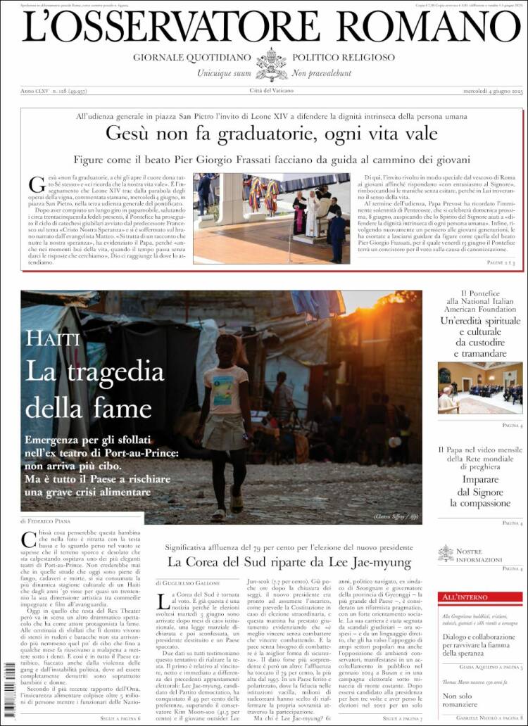 Portada de L'Osservatore Romano (Italia)