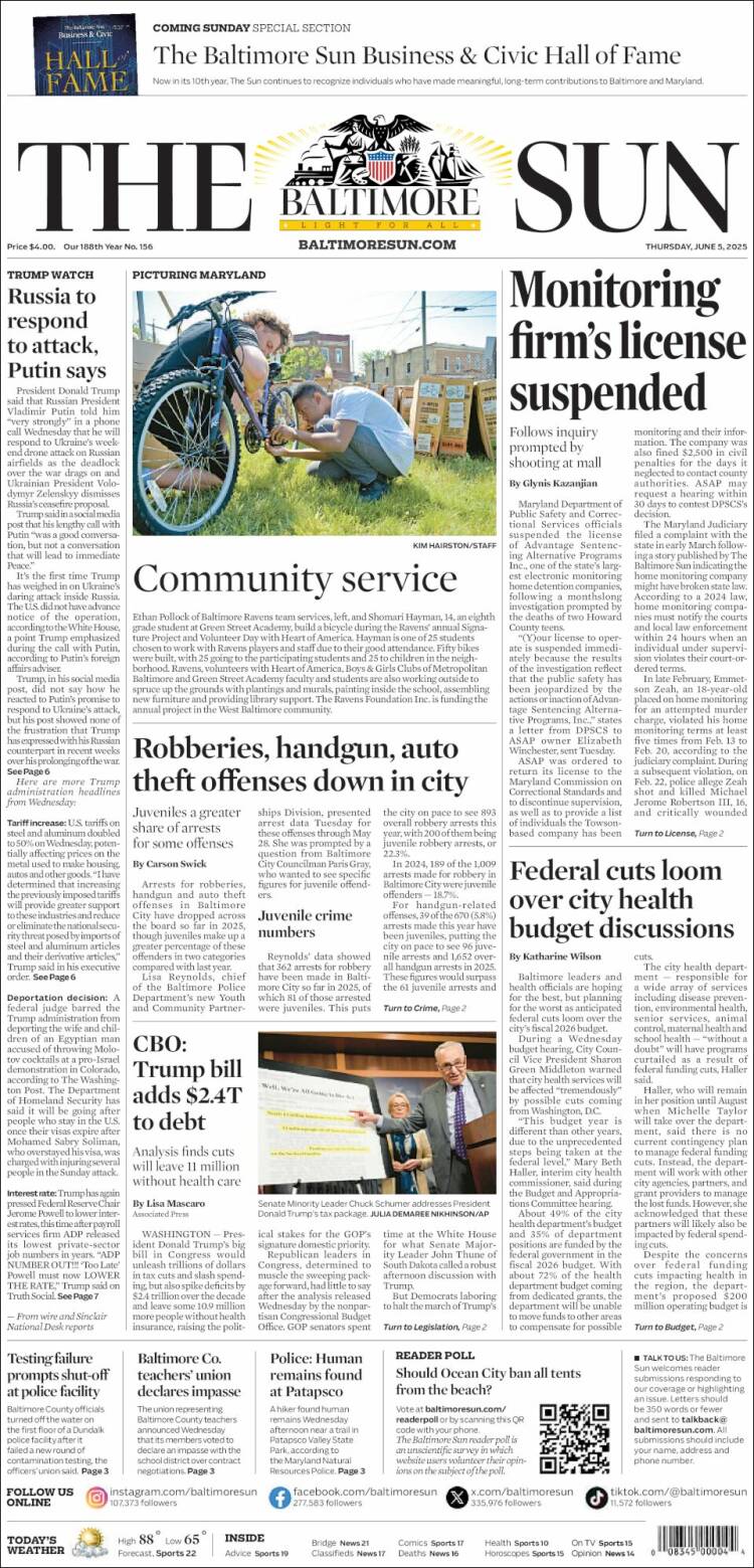 Portada de The Baltimore Sun (USA)