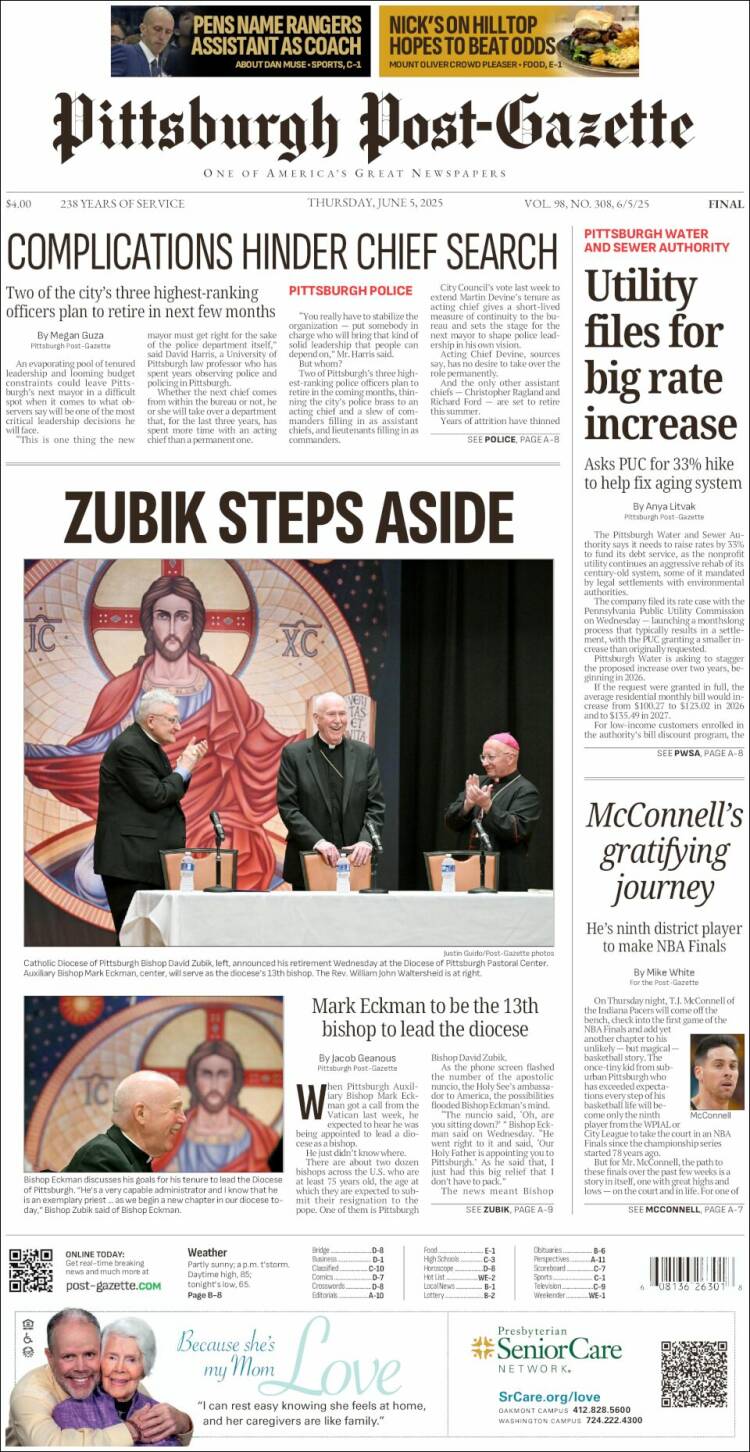 Portada de Pittsburgh Post-Gazette (États-Unis)
