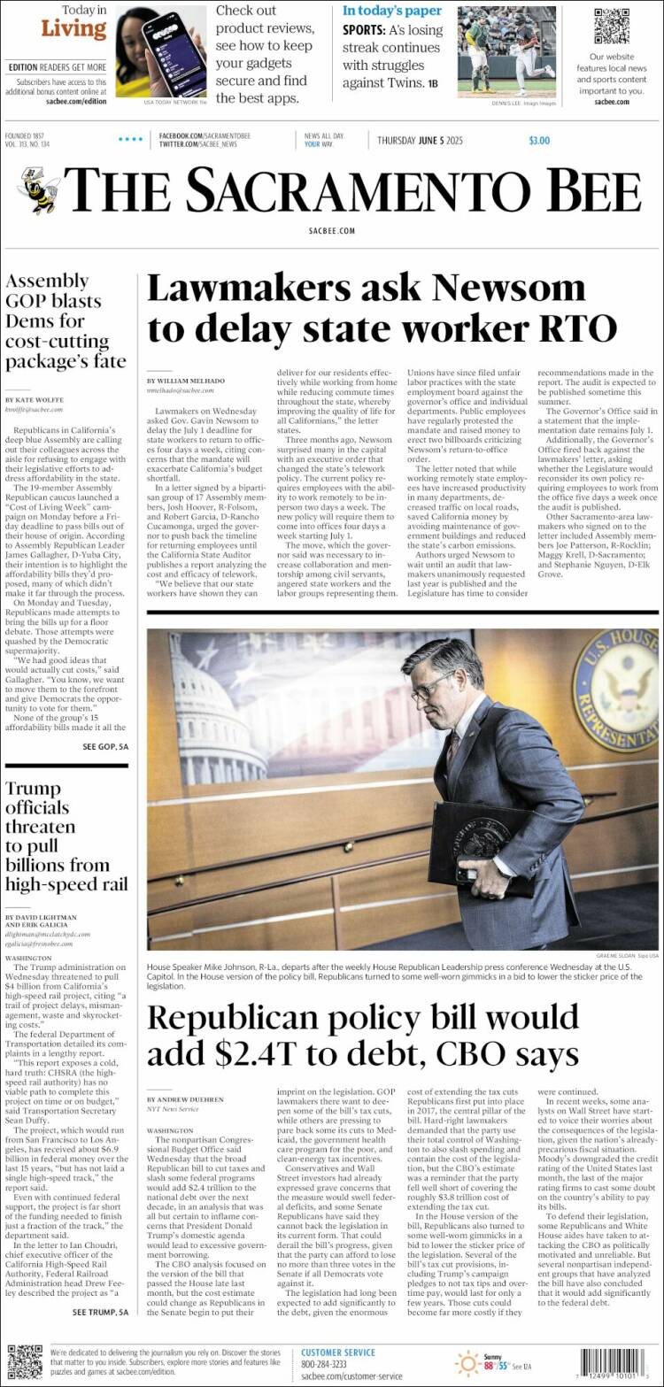 Portada de The Sacramento Bee (États-Unis)
