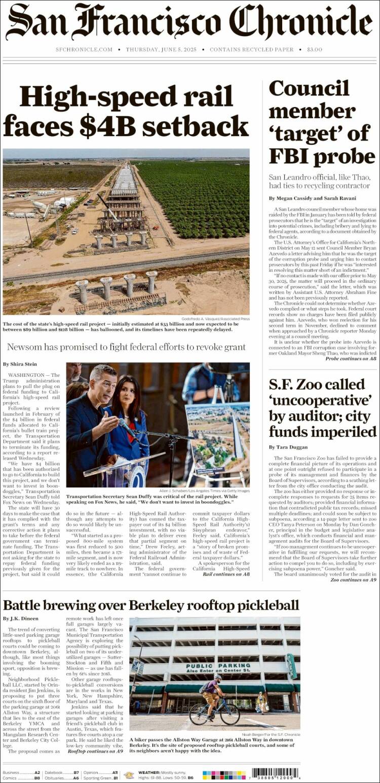 Portada de San Francisco Chronicle (USA)
