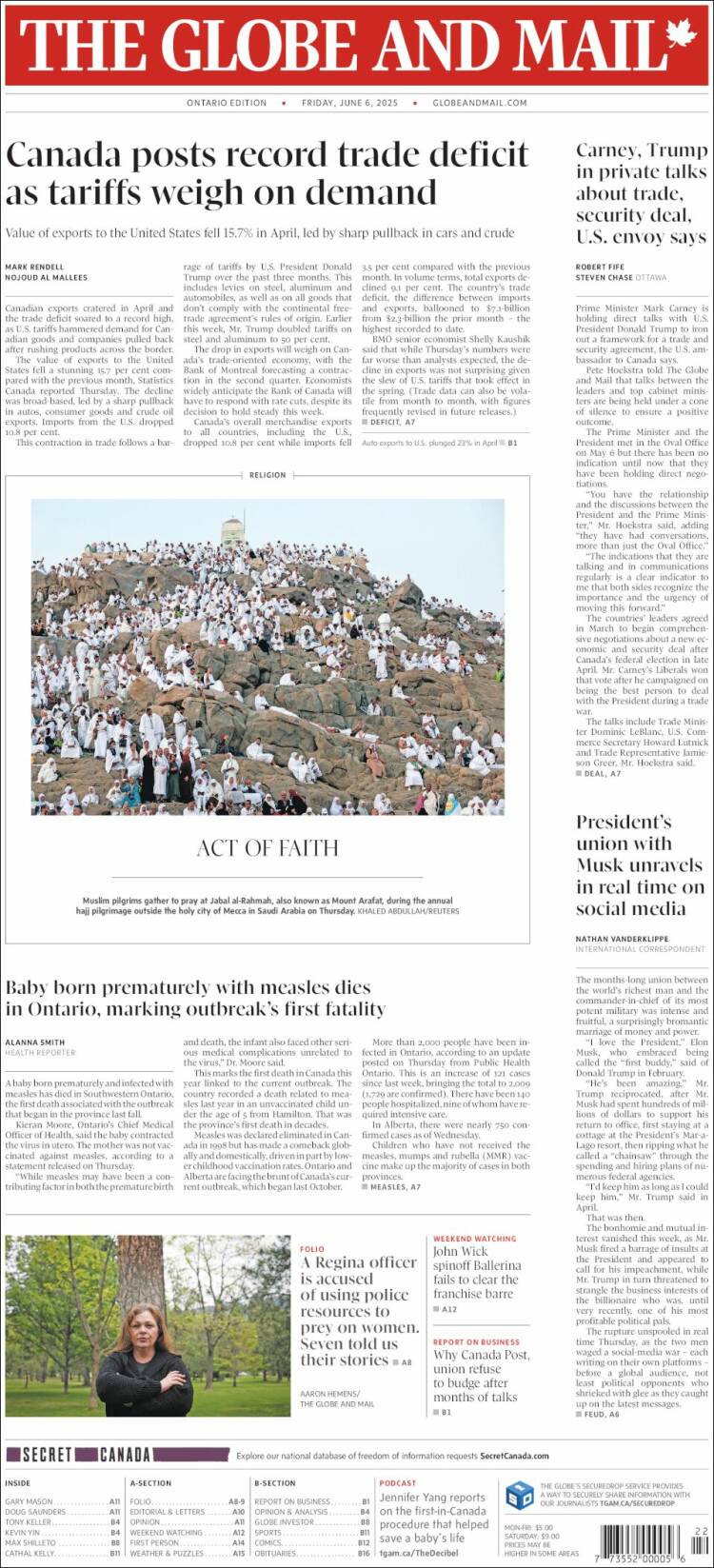 Portada de The Globe and Mail (Canada)