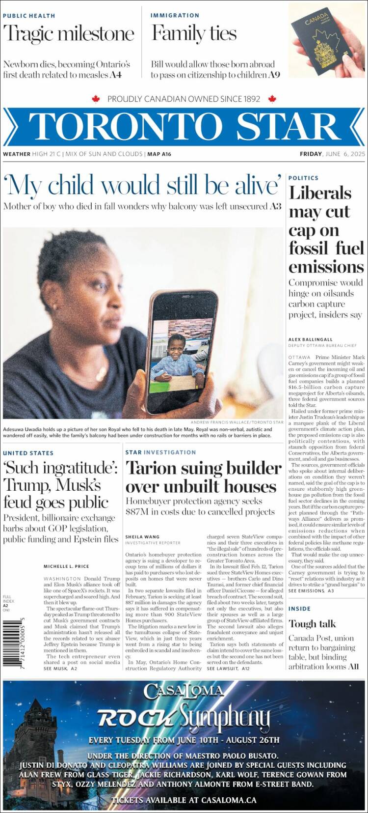 Portada de The Toronto Star (Canada)