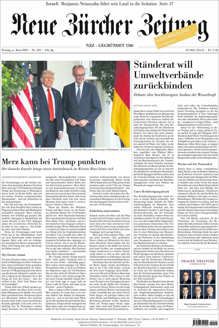 Portada de Neue Zürcher Zeitung (Suiza)