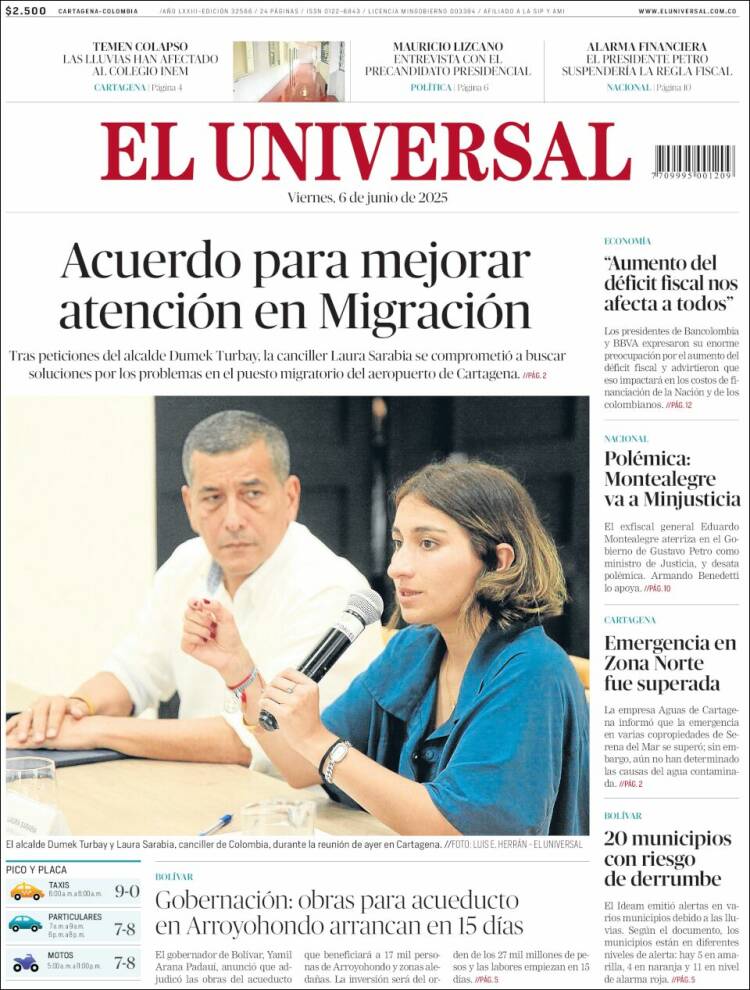 Portada de El Universal (Colombia)