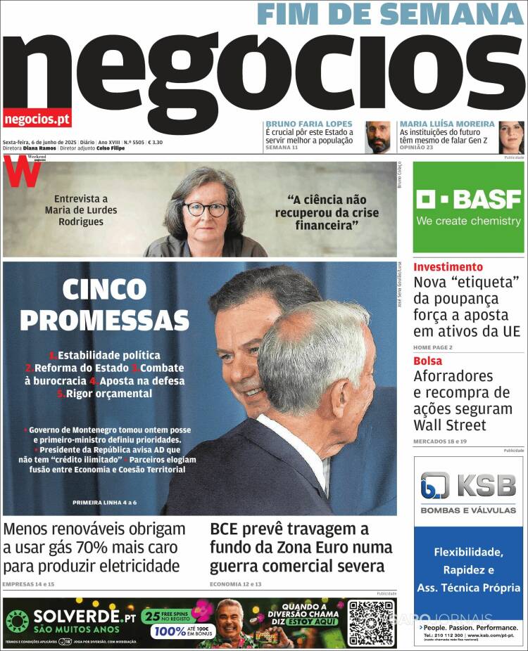 Portada de Jornal de Negócios (Portugal)