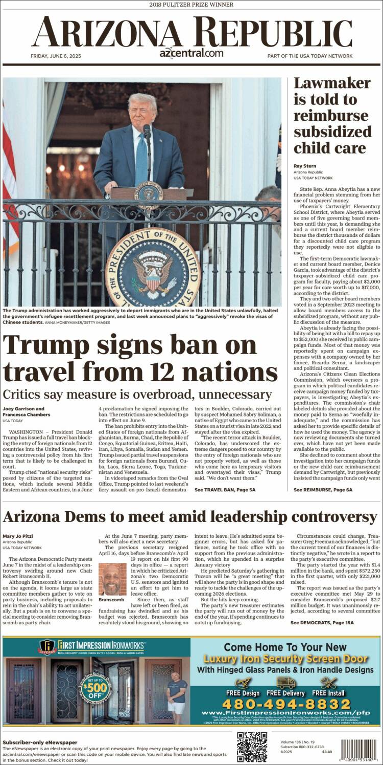 Portada de Arizona Republic News (États-Unis)