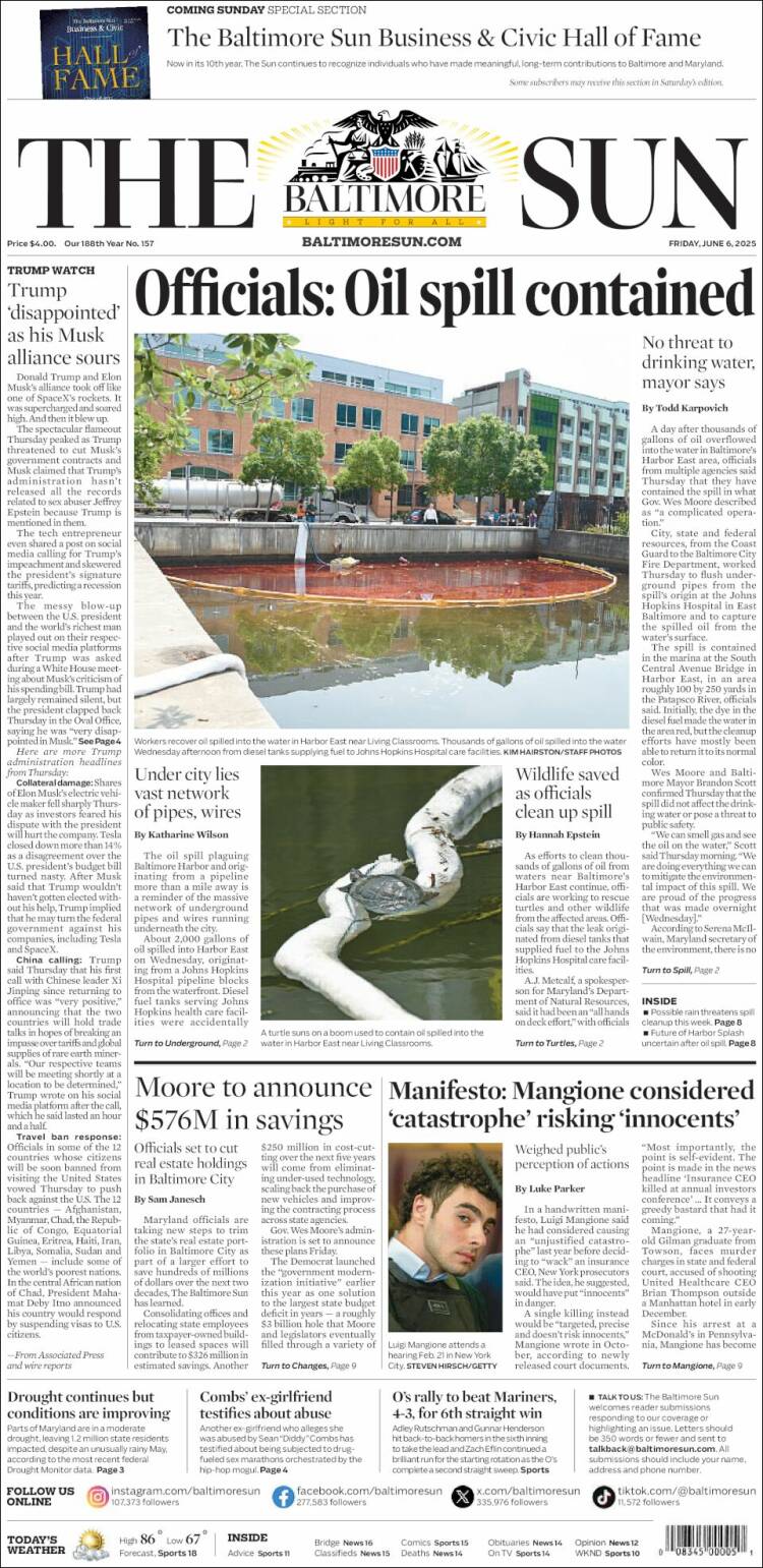 Portada de The Baltimore Sun (USA)
