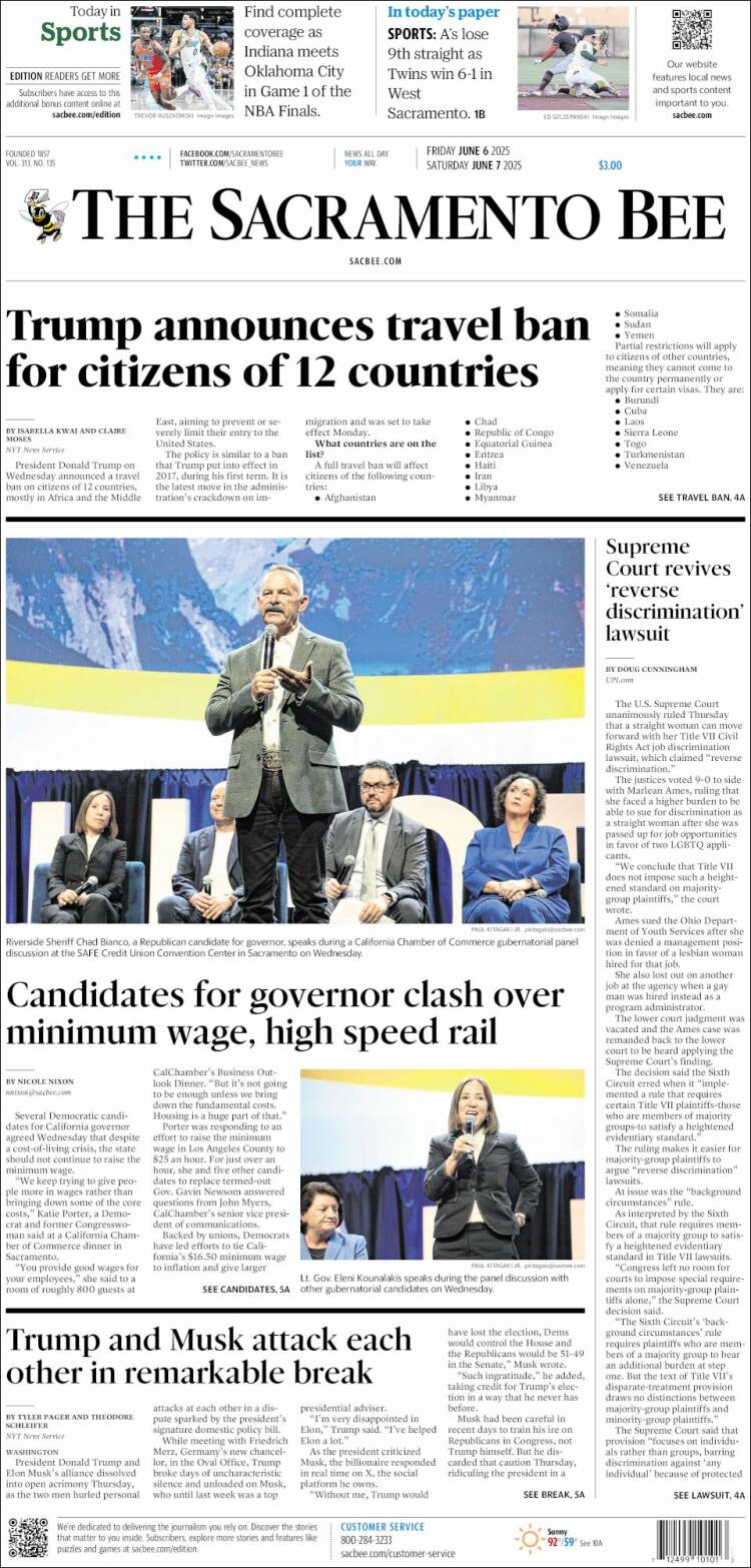 Portada de The Sacramento Bee (USA)