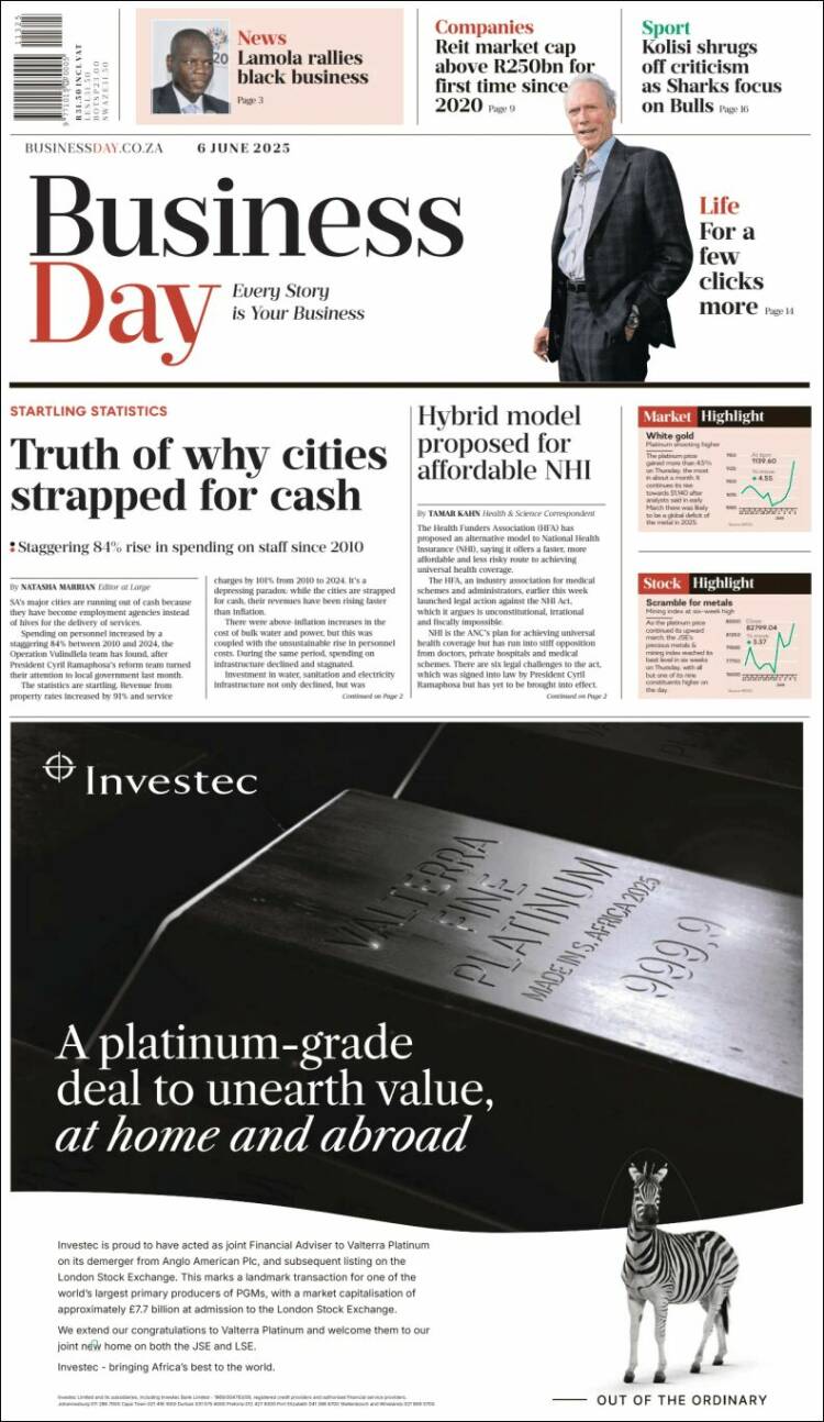 Portada de Business Day (Afrique du Sud)