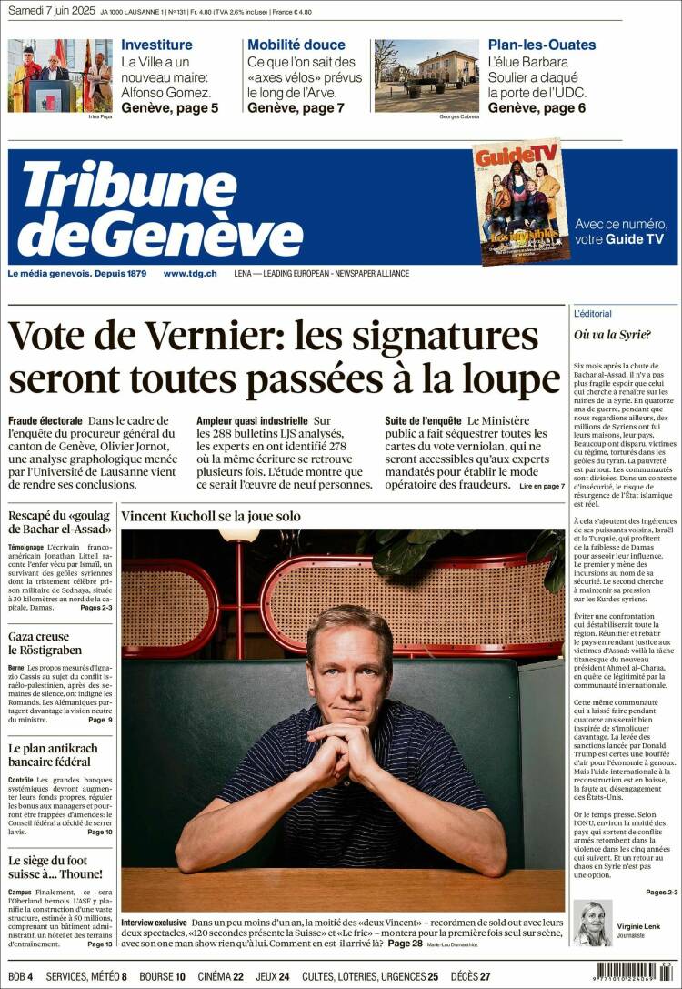 Portada de La Tribune de Genève (Suiza)