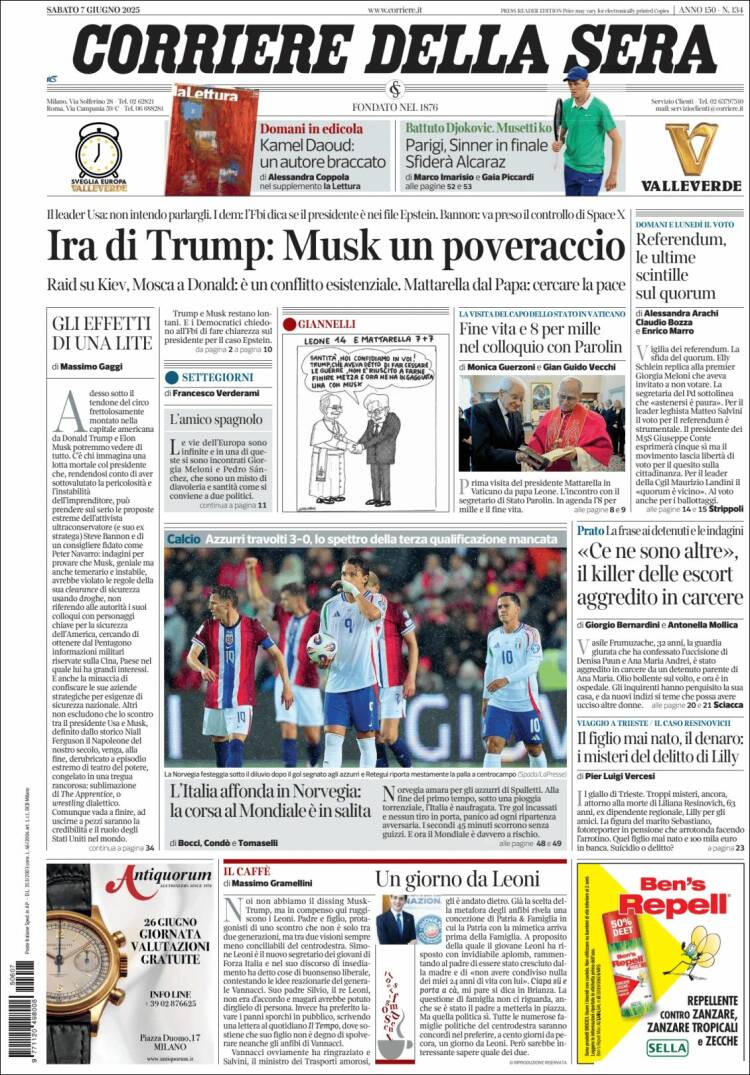 Portada de Corriere della Sera (Italia)