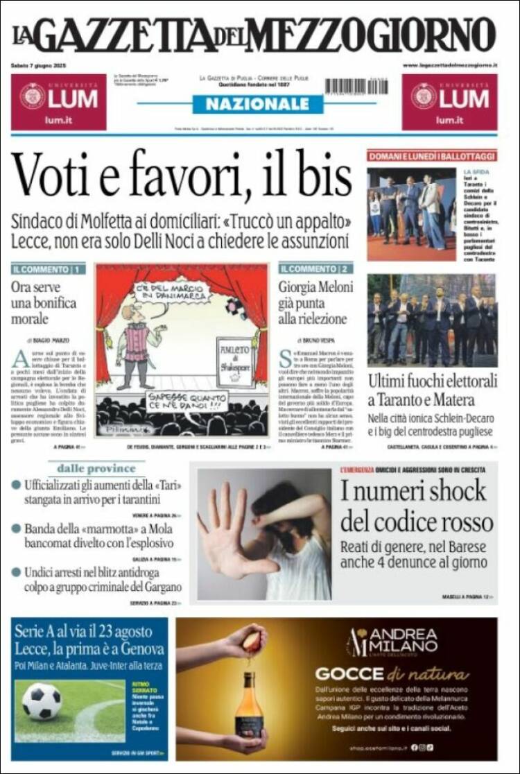 Portada de La Gazzetta del Mezzogiorno (Italia)