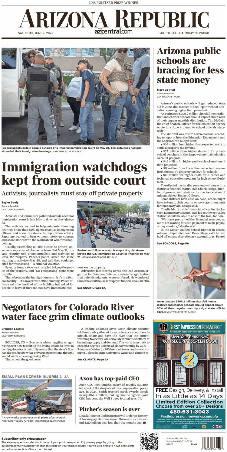 Portada de Arizona Republic News (USA)