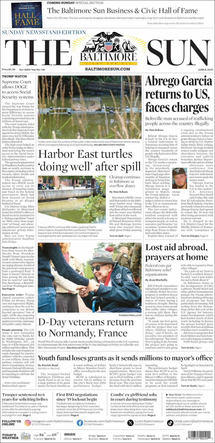 Portada de The Baltimore Sun (USA)