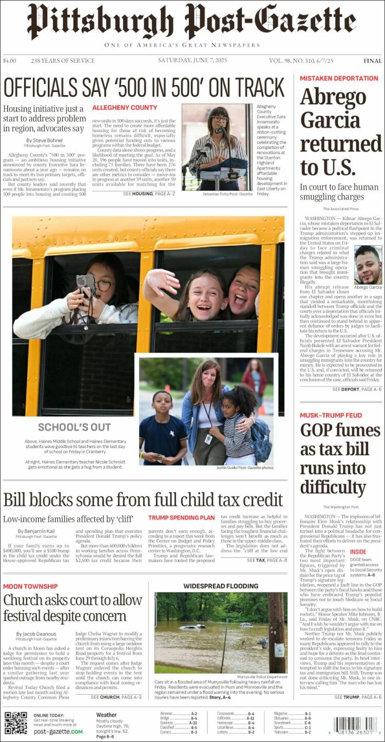 Portada de Pittsburgh Post-Gazette (USA)