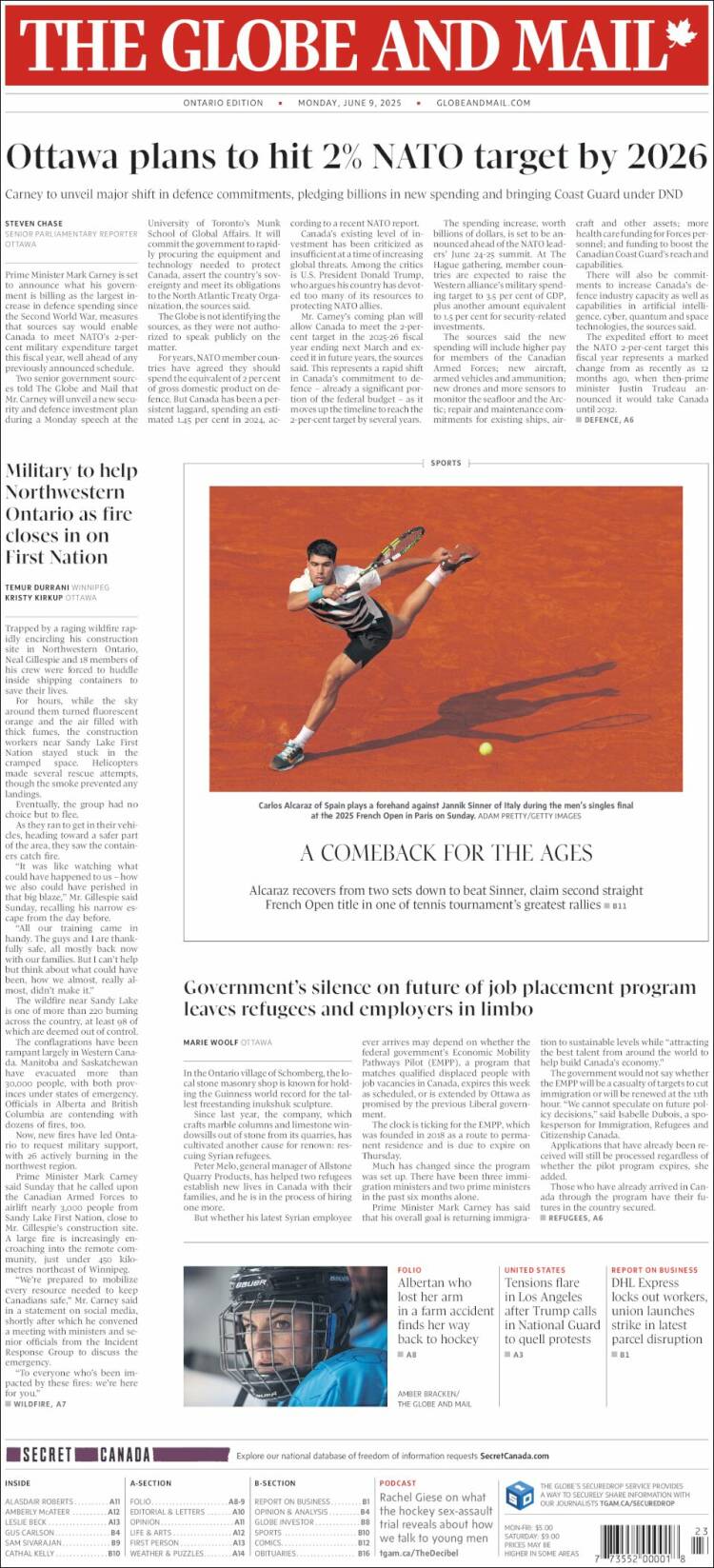 Portada de The Globe and Mail (Canada)