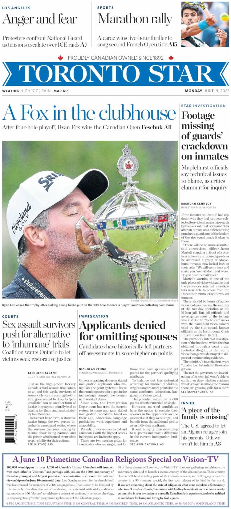 Portada de The Toronto Star (Canada)