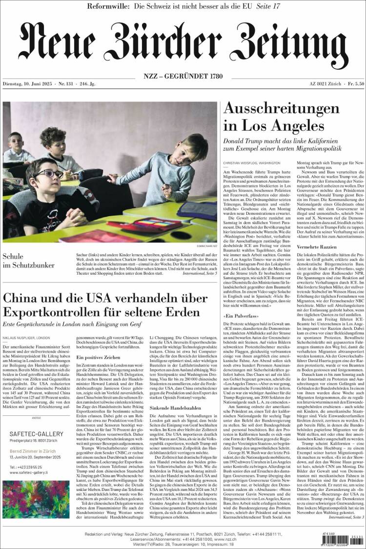 Portada de Neue Zürcher Zeitung (Suiza)