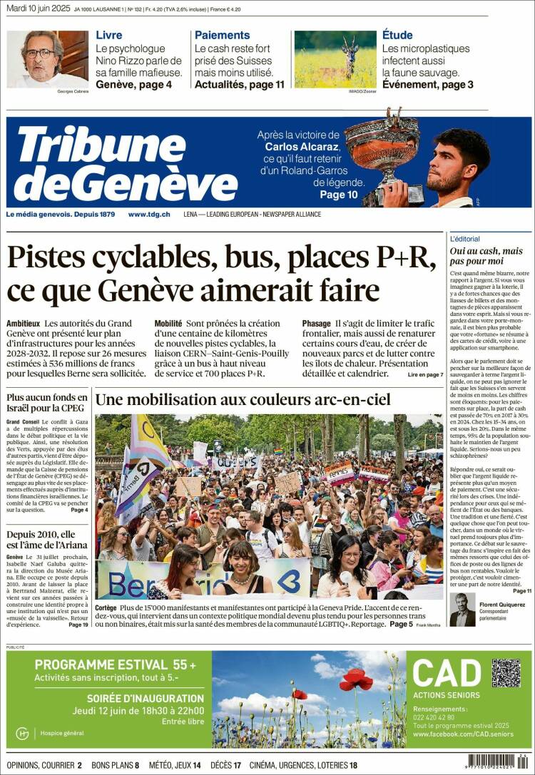 Portada de La Tribune de Genève (Suiza)