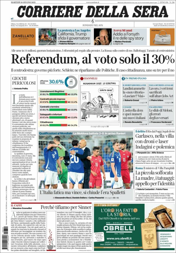 Portada de Corriere della Sera (Italia)