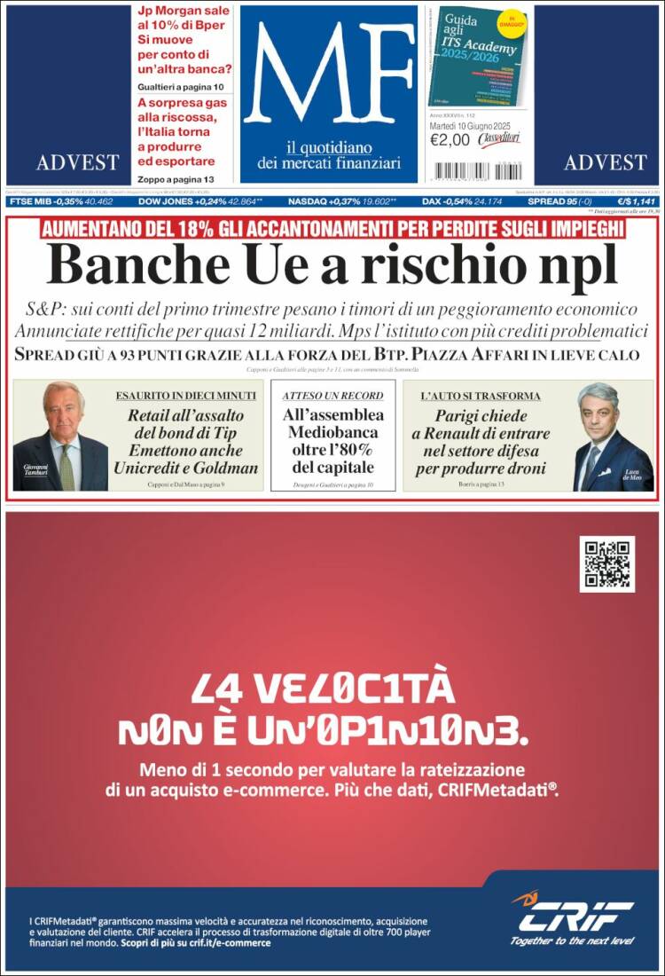 Portada de Milano Finanza (Italia)