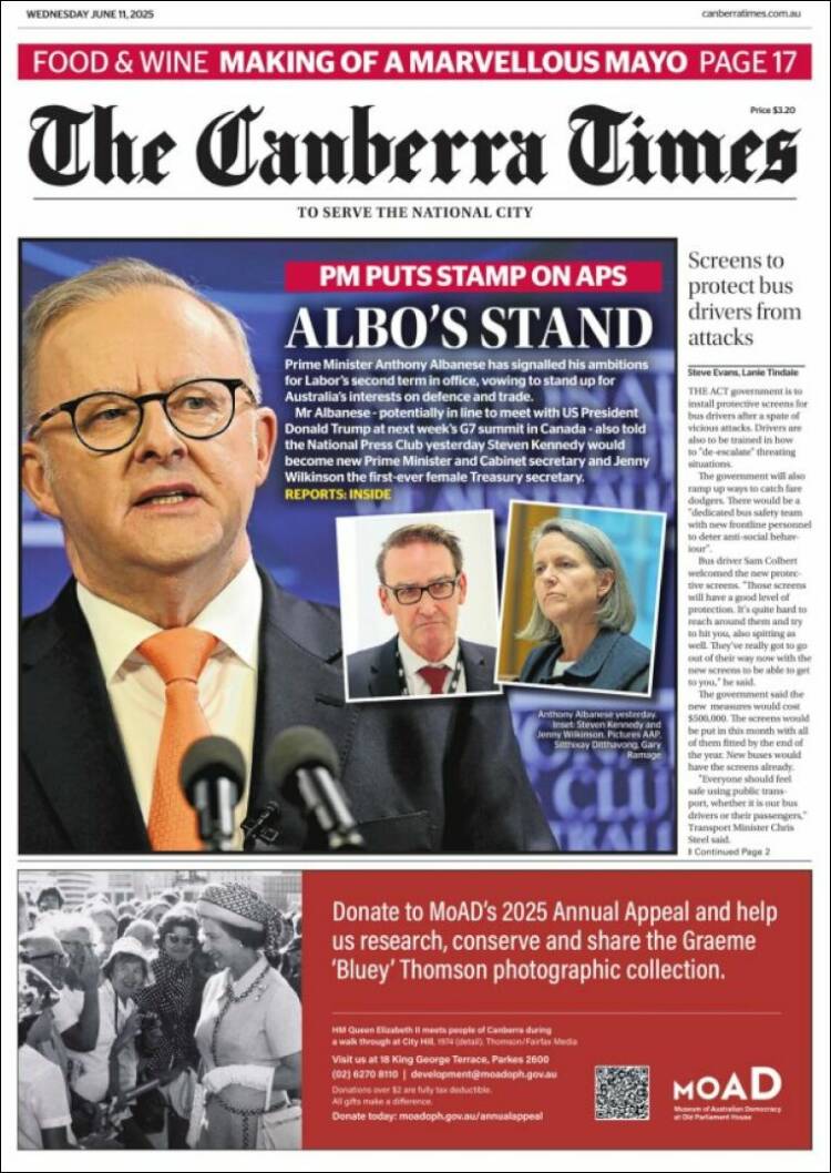 Portada de The Canberra Times (Australia)