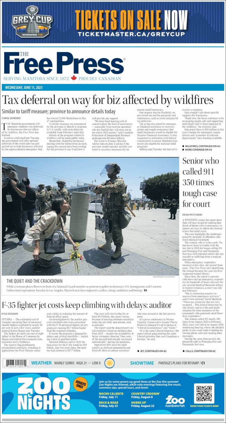 Portada de Winnipeg Free Press (Canadá)