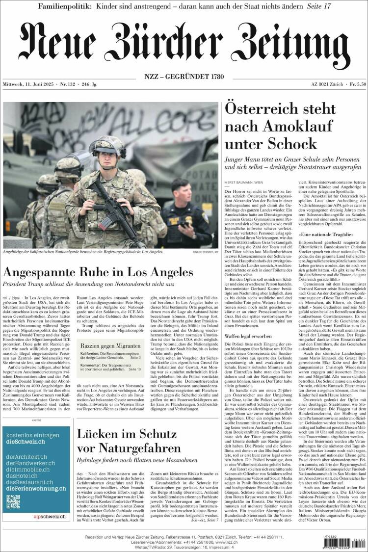 Portada de Neue Zürcher Zeitung (Suiza)