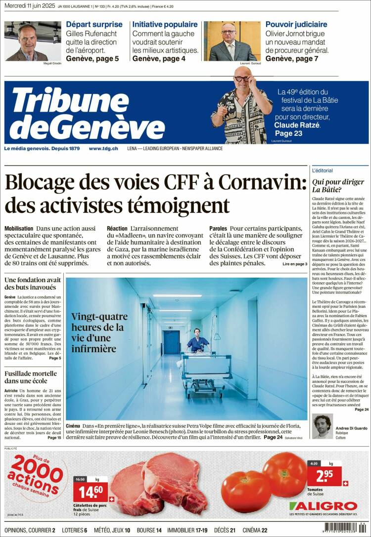 Portada de La Tribune de Genève (Suiza)
