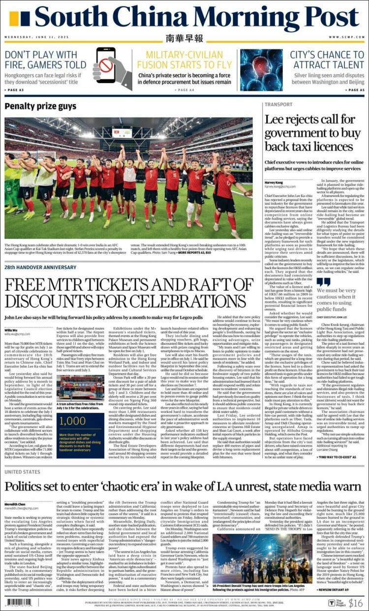 Portada de South China Morning Post (China)