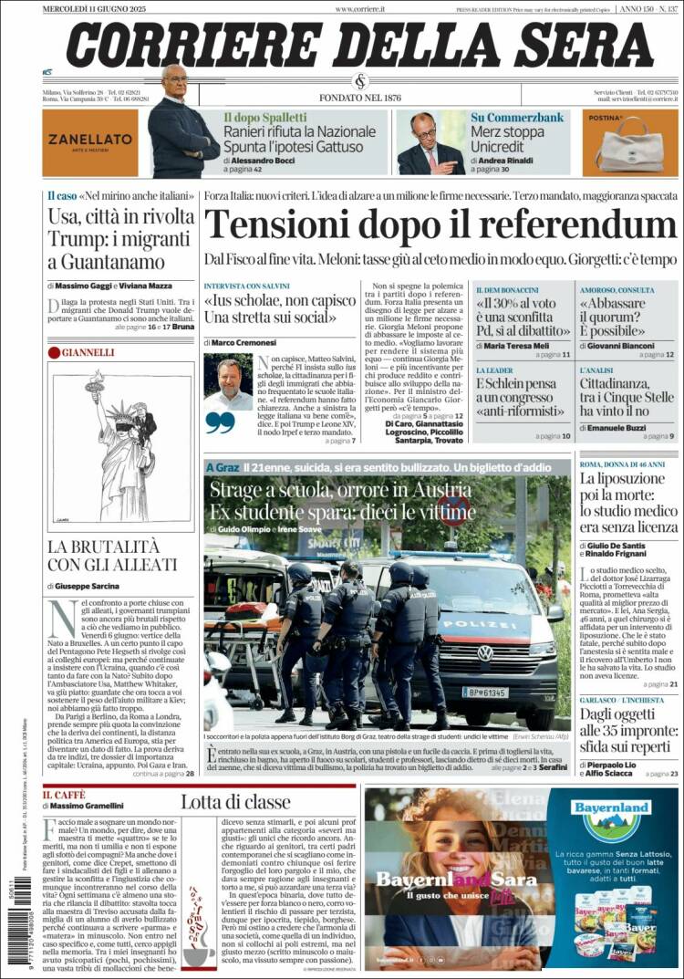 Portada de Corriere della Sera (Italia)