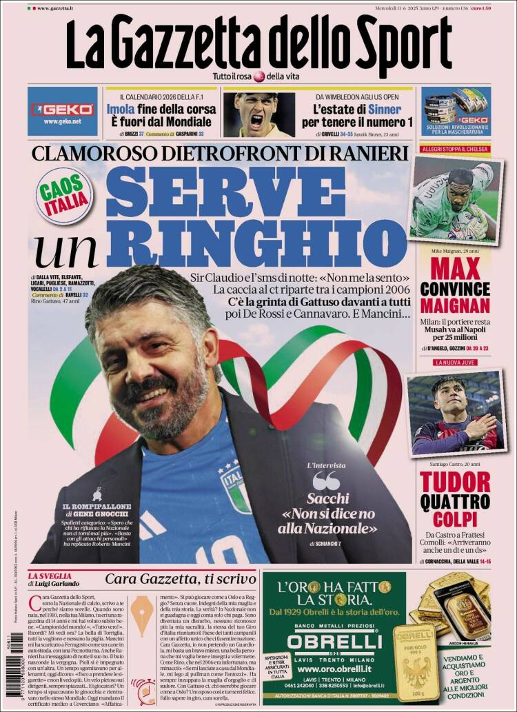 Portada de La Gazzetta dello Sport (Italia)
