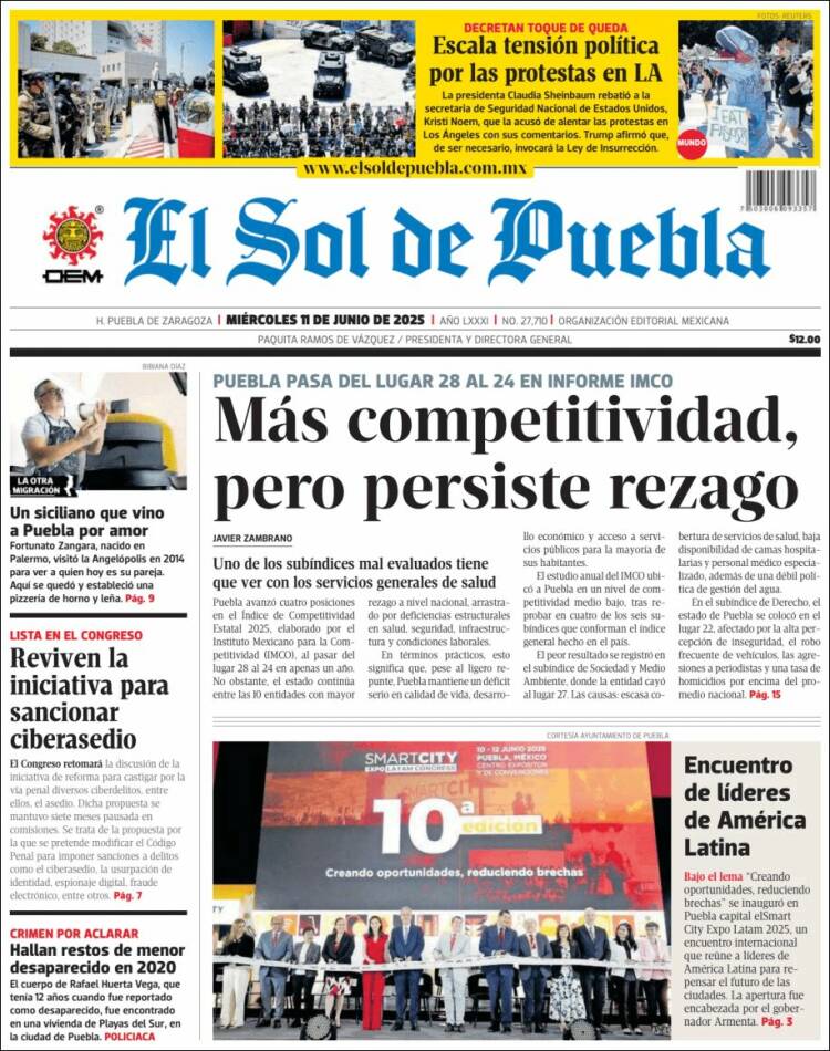 Portada de El Sol de Puebla (México)