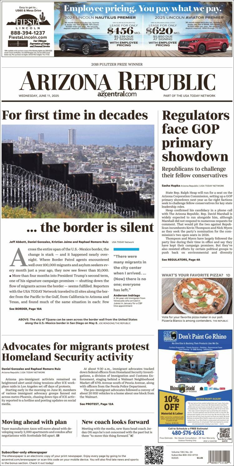 Portada de Arizona Republic News (USA)