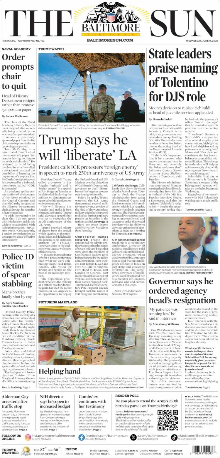 Portada de The Baltimore Sun (USA)