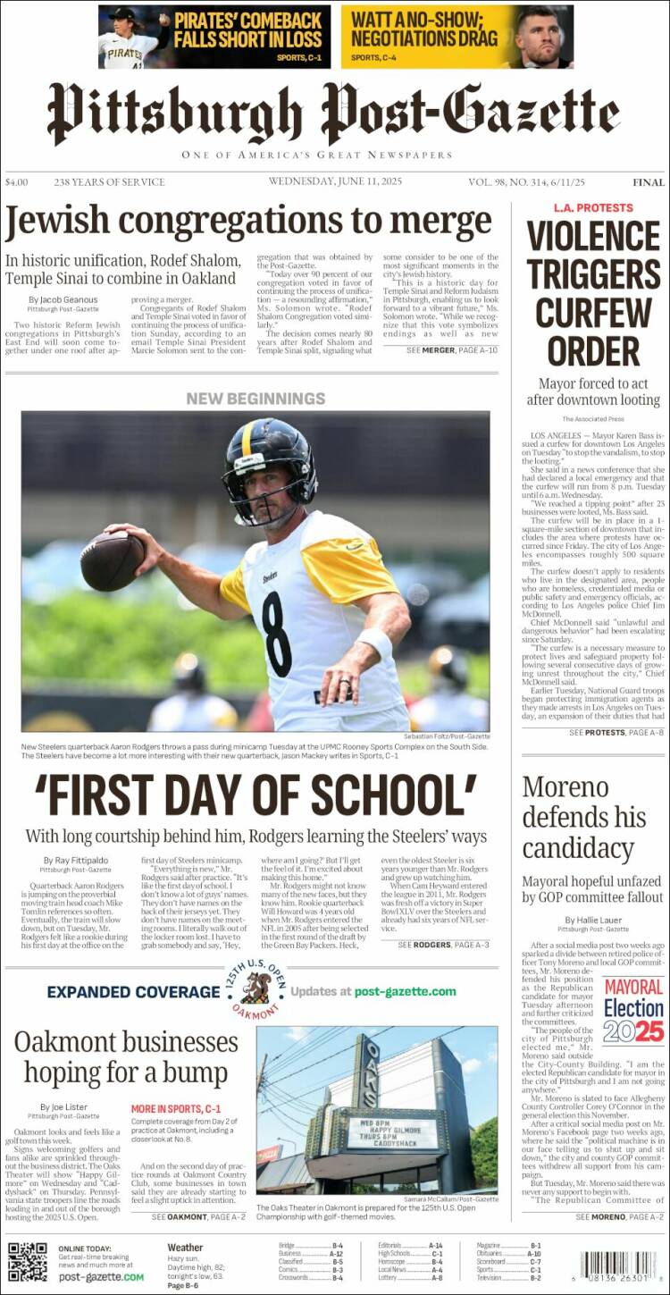 Portada de Pittsburgh Post-Gazette (USA)