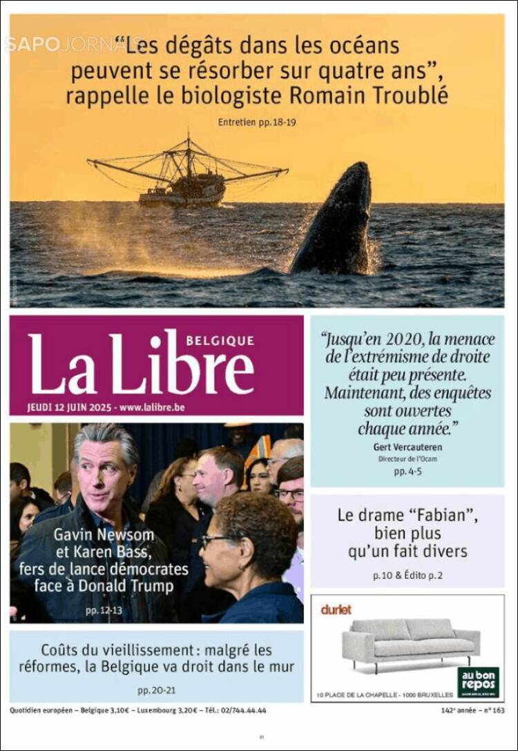 Portada de La Libre.be (Bélgica)