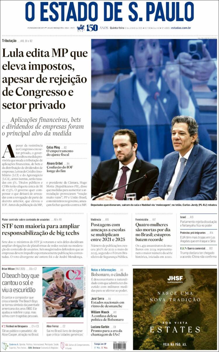 Portada de O Estado de São Paulo (Brasil)
