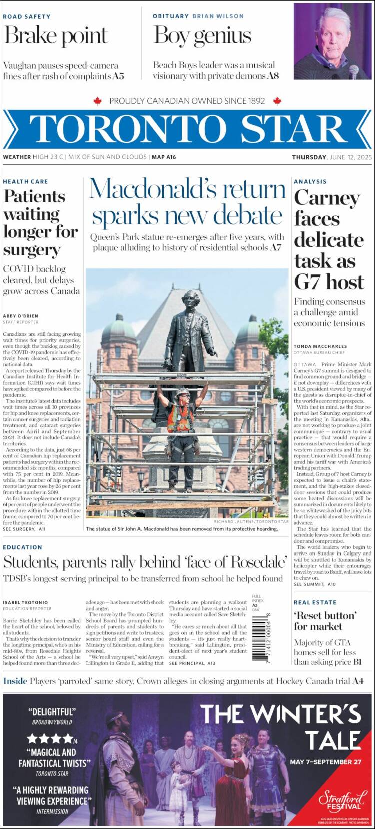 Portada de The Toronto Star (Canadá)