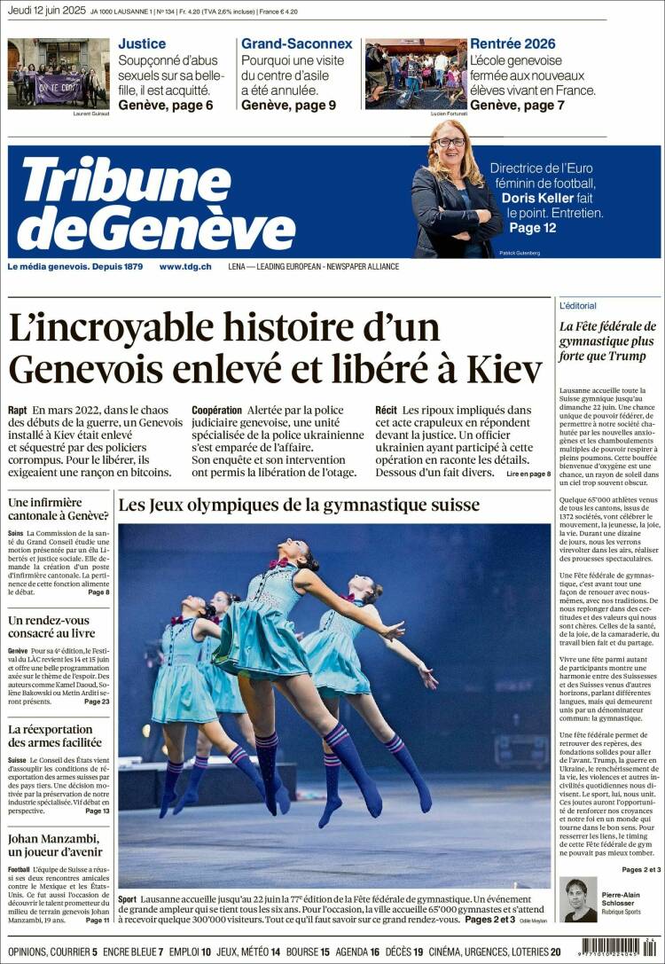 Portada de La Tribune de Genève (Suiza)
