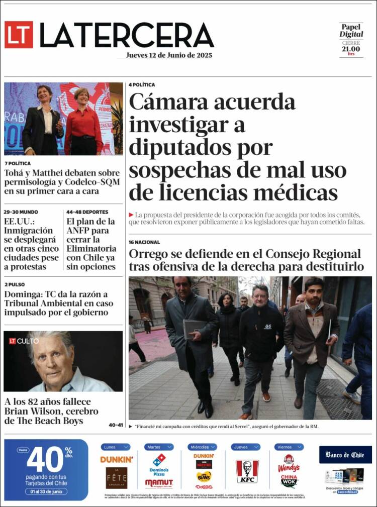 Portada de La Tercera (Chile)