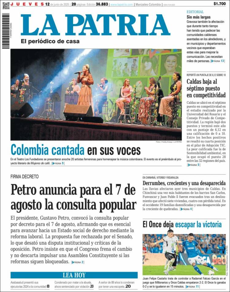 Portada de La Patria (Colombia)