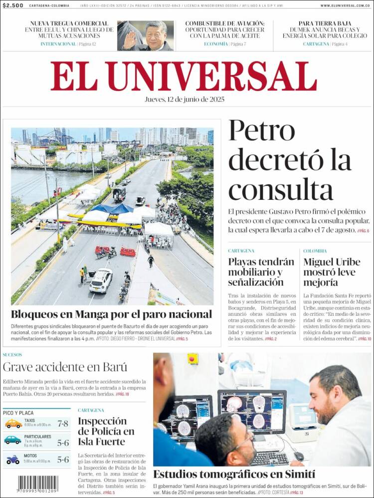Portada de El Universal (Colombia)