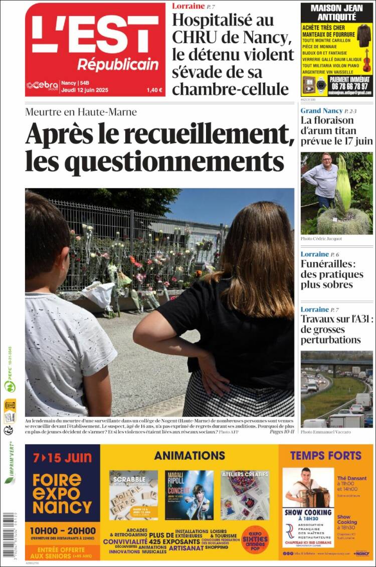 Portada de L'Est Republicain (Francia)